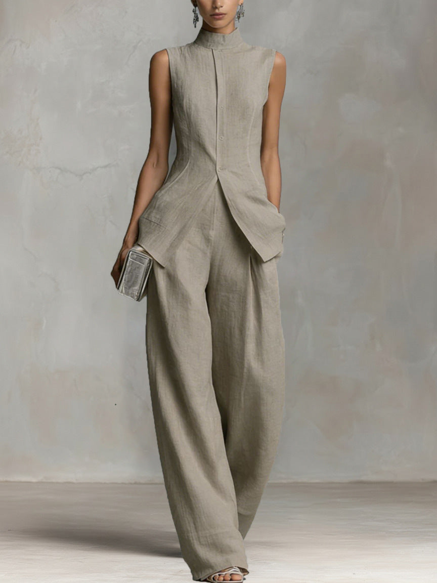 White Two Piece Set Women | Elegant Sleeveless Vest Top Wide Leg Pants Luxury Outfit