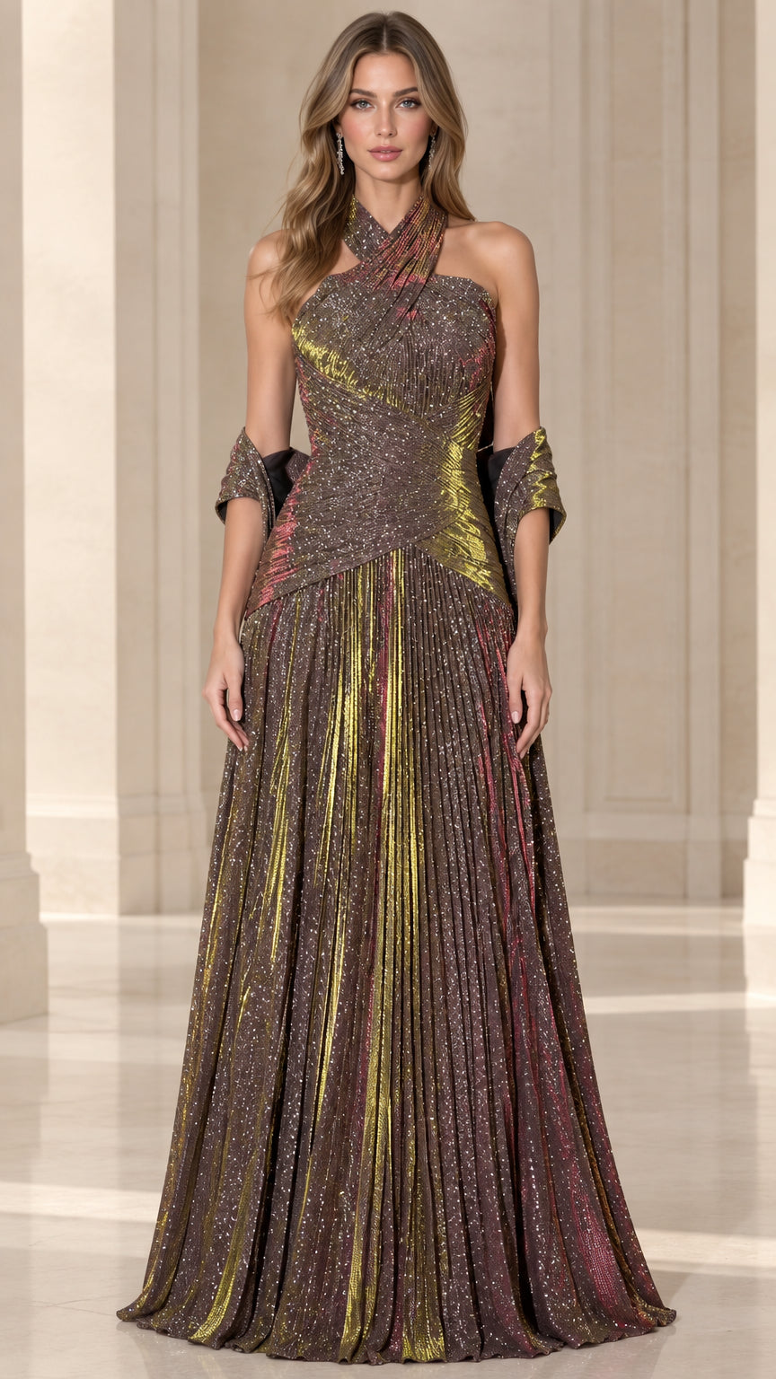 Front view of bronze metallic pleated cross halter evening gown with matching shawl