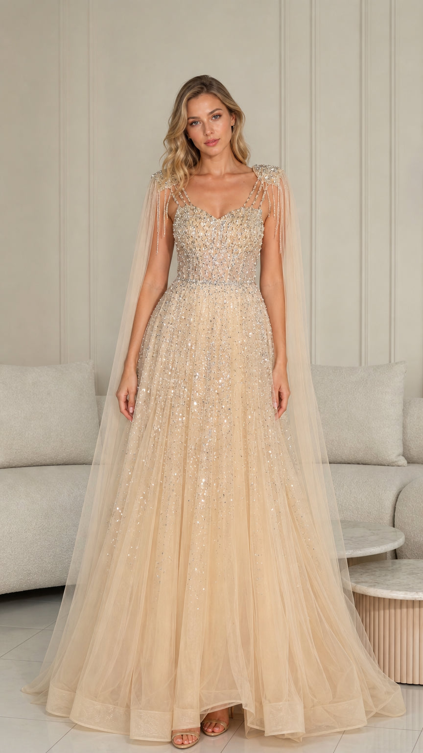 Front view of champagne sequin embellished tulle evening gown with cape sleeves
