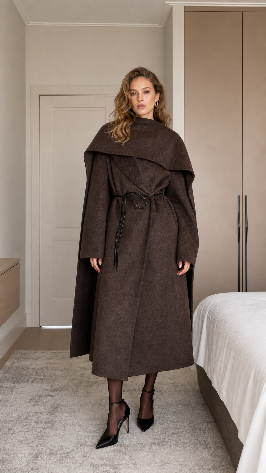 Full front view of model wearing chocolate brown draped cape collar maxi coat