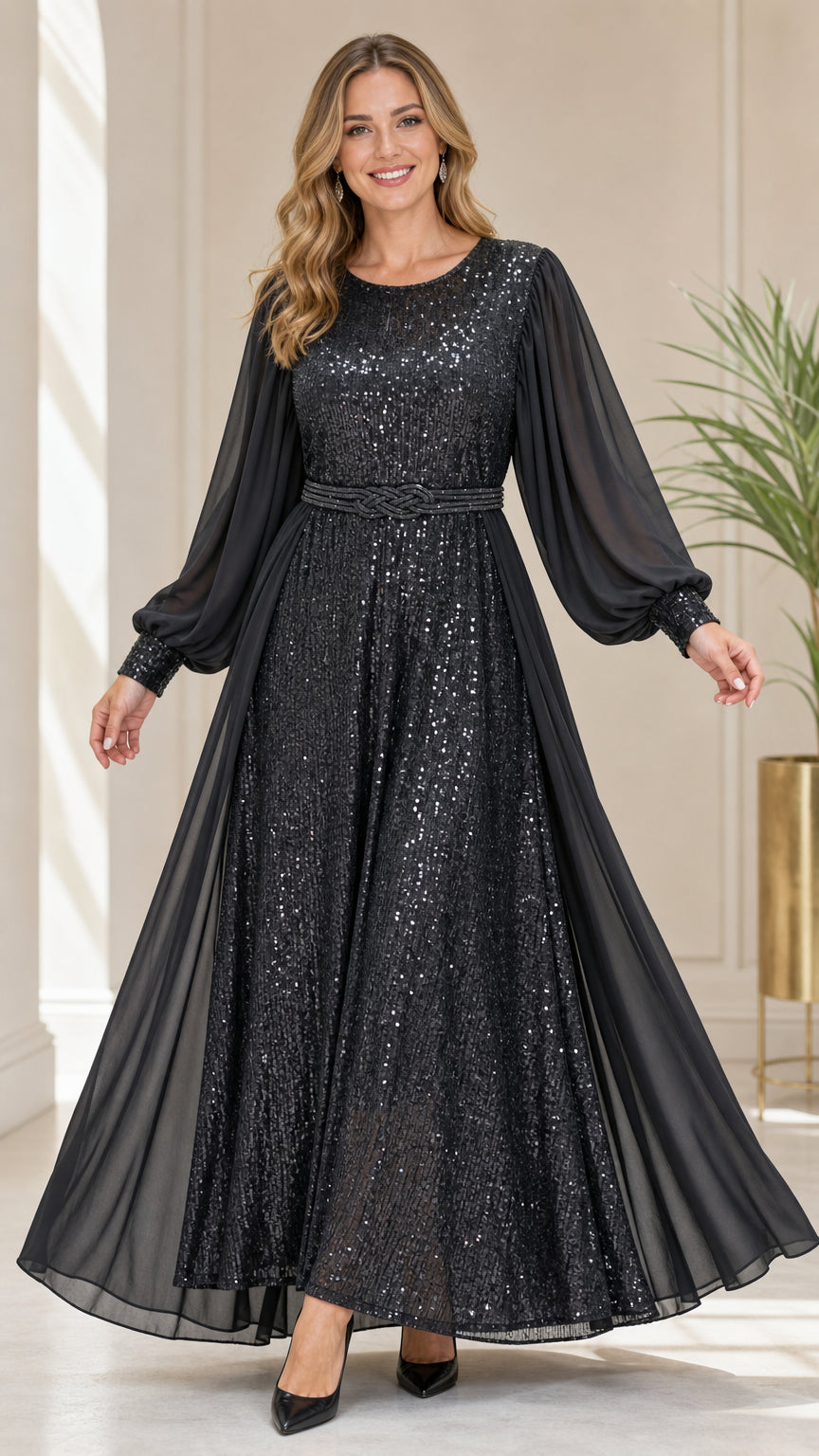 Front view of black sequin long balloon sleeve evening maxi dress