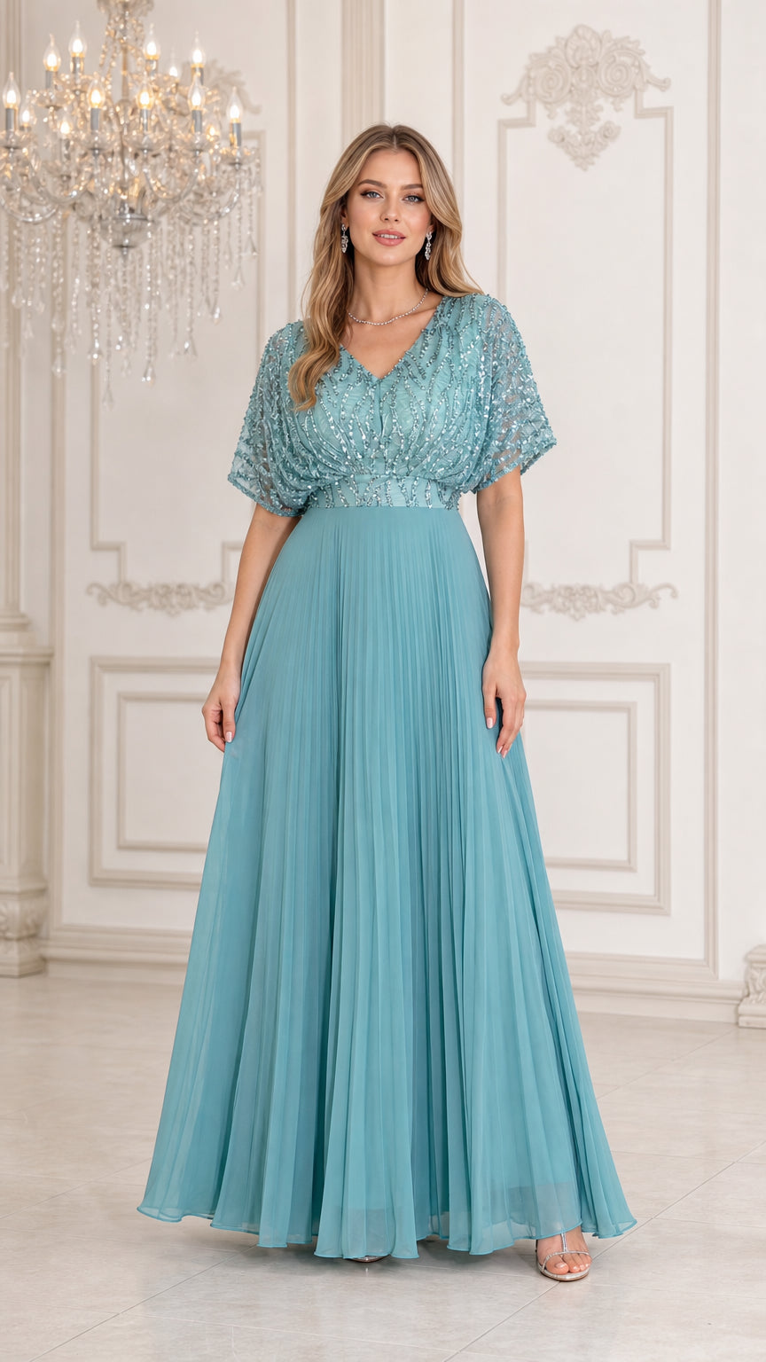Full front view of teal blue sequin flutter sleeve pleated maxi evening dress