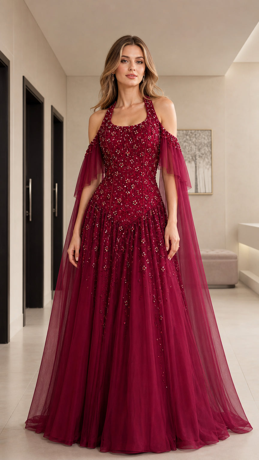 Front view of model wearing burgundy halter sequin tulle evening gown with cape sleeves