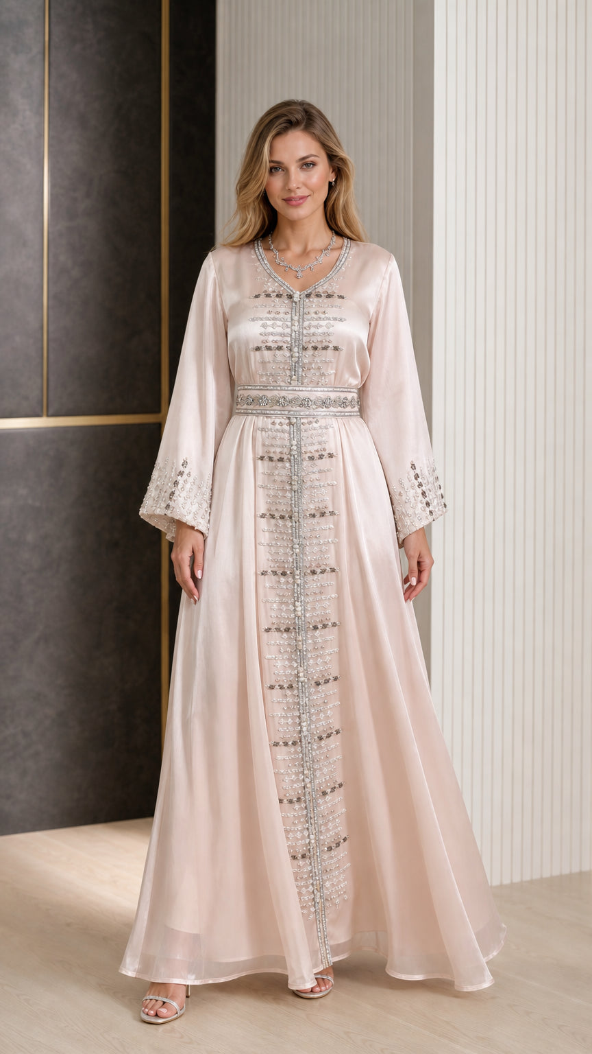 Front view of Champagne embroidered satin kaftan maxi dress