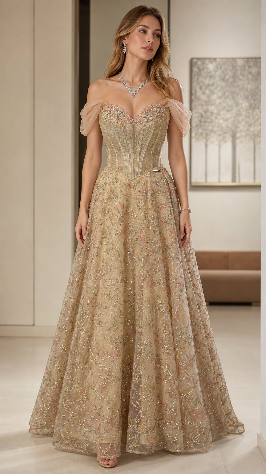Champagne gold off-shoulder corset evening gown with glitter A-line skirt front view