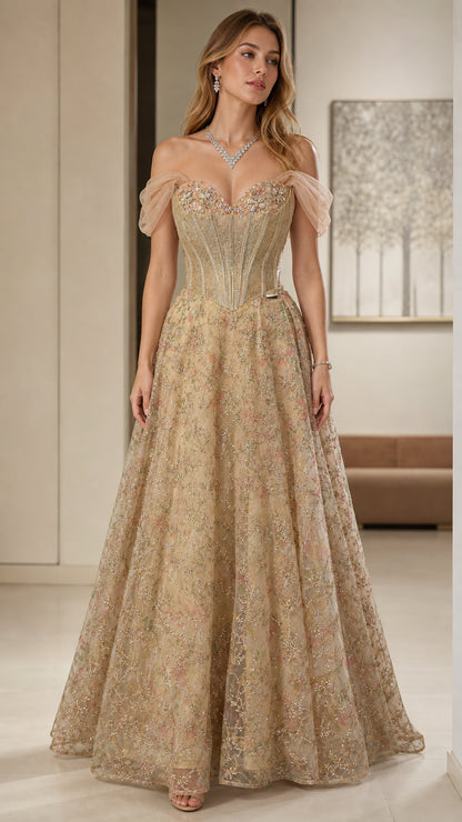 Champagne gold off-shoulder corset evening gown with glitter A-line skirt front view
