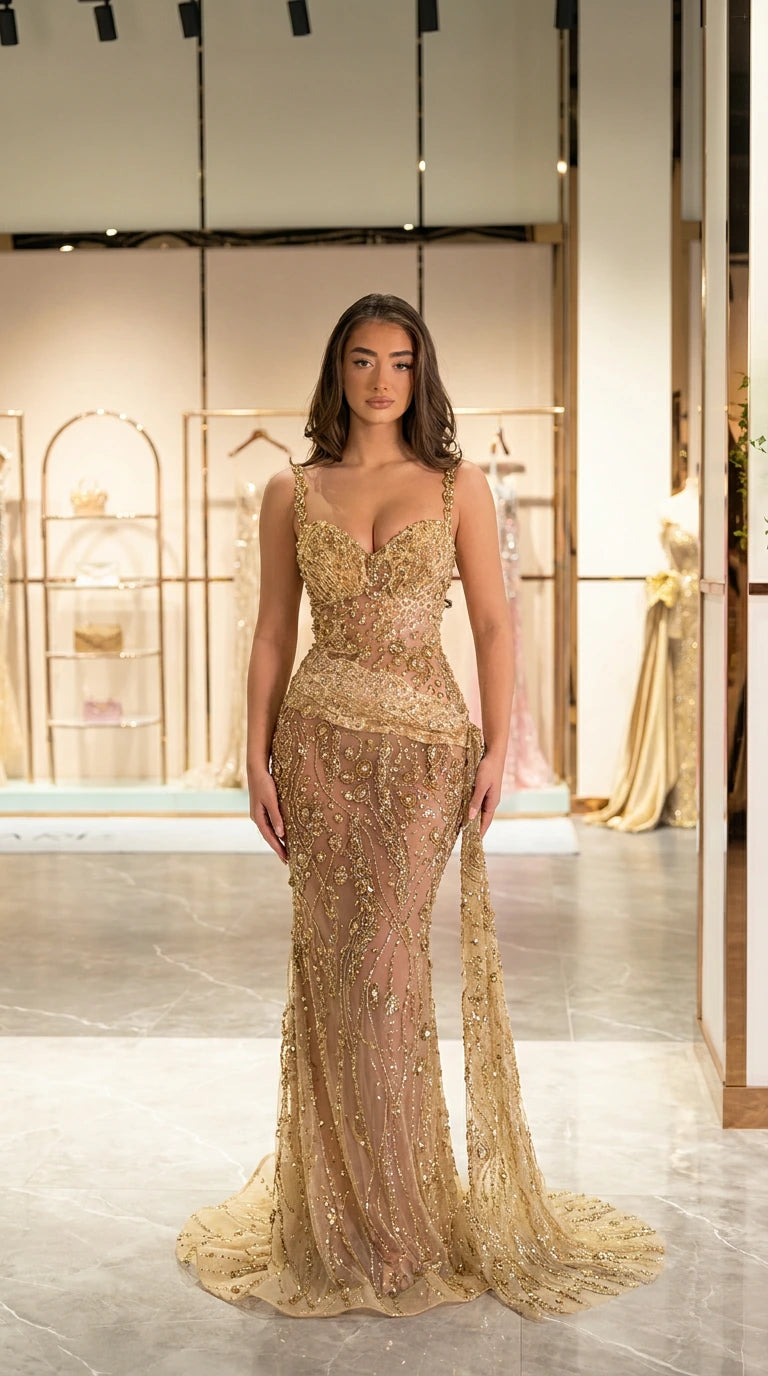 Full front view of gold beaded sweetheart mermaid evening gown with side train