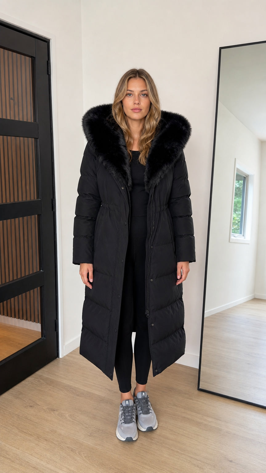Front view of woman wearing black long maxi puffer coat with black plush fur hood