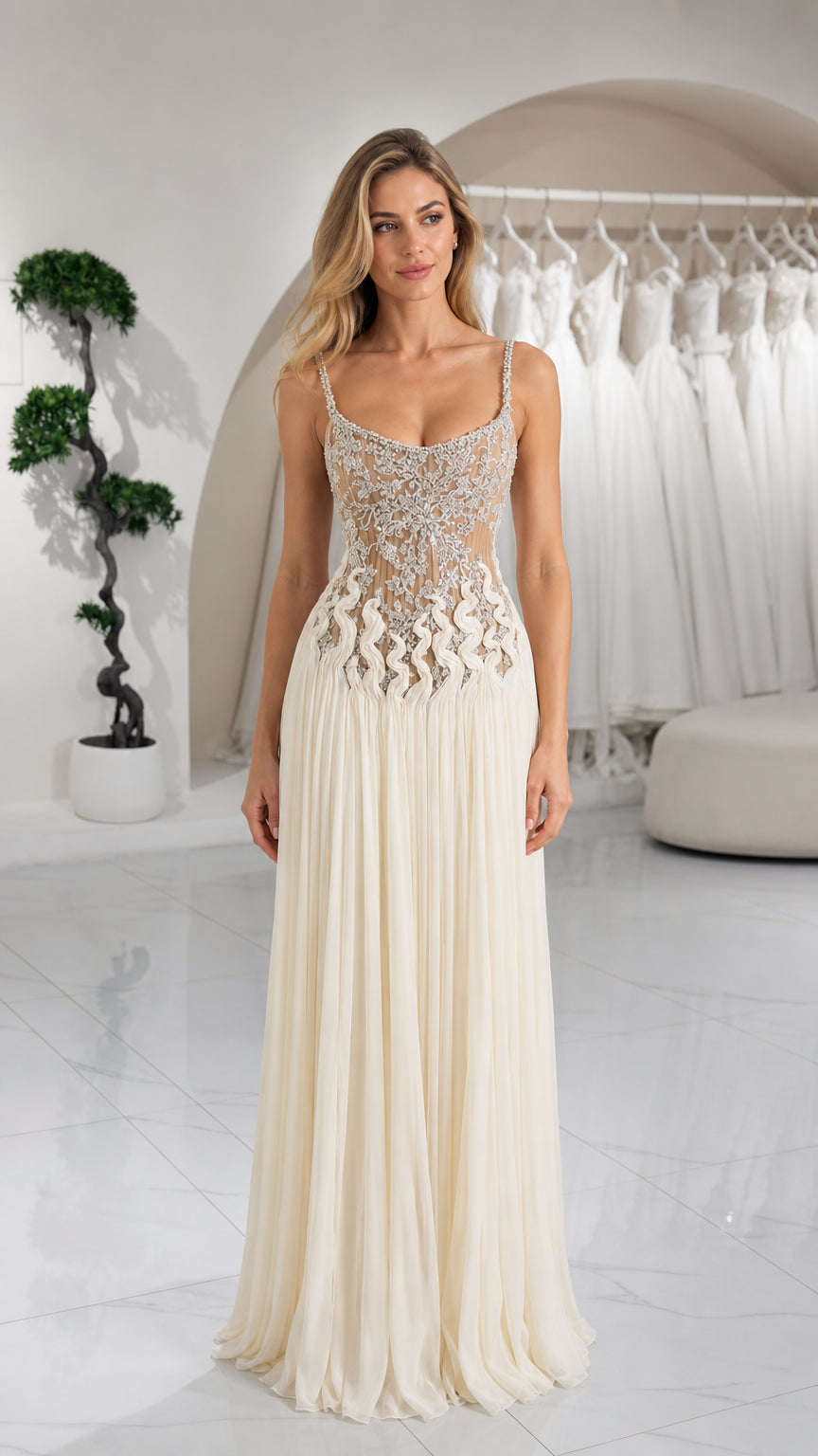Front full-length view of model wearing ivory beaded bodice pleated evening gown