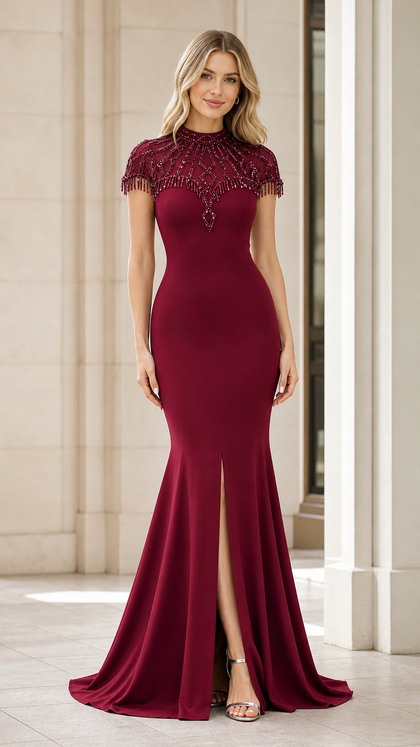 Model wearing Burgundy Beaded High Neck Mermaid Evening Gown front view