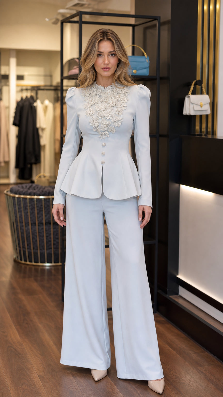 Light blue two-piece peplum pantsuit with floral lace embellished neckline front view