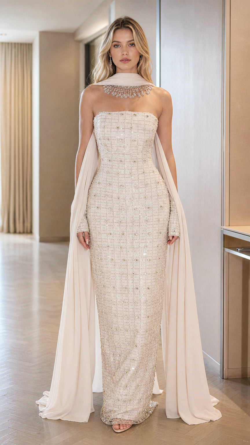 Front view of model wearing an Ivory White strapless embellished column gown with attached chiffon cape and sleeve cuffs