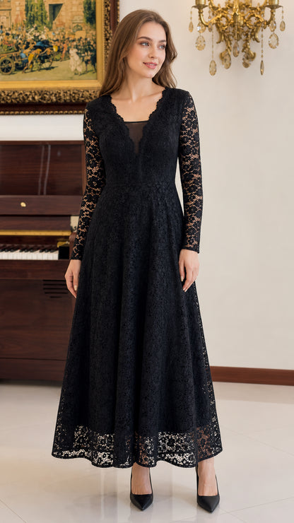Front view of woman wearing black floral lace long sleeve maxi dress