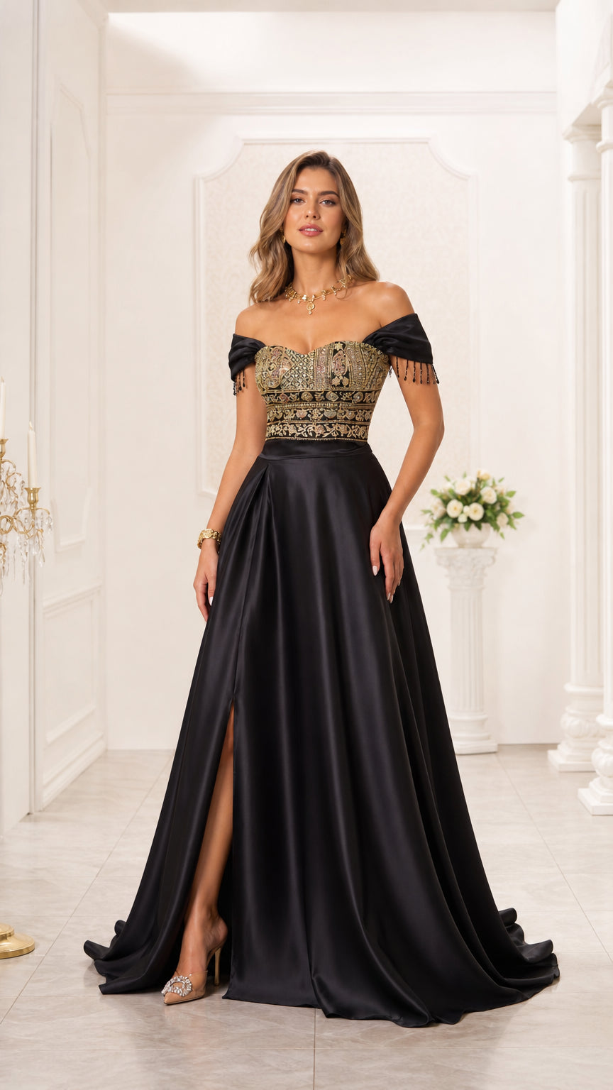 Model wearing black off-the-shoulder evening gown with embroidered bodice and satin slit skirt