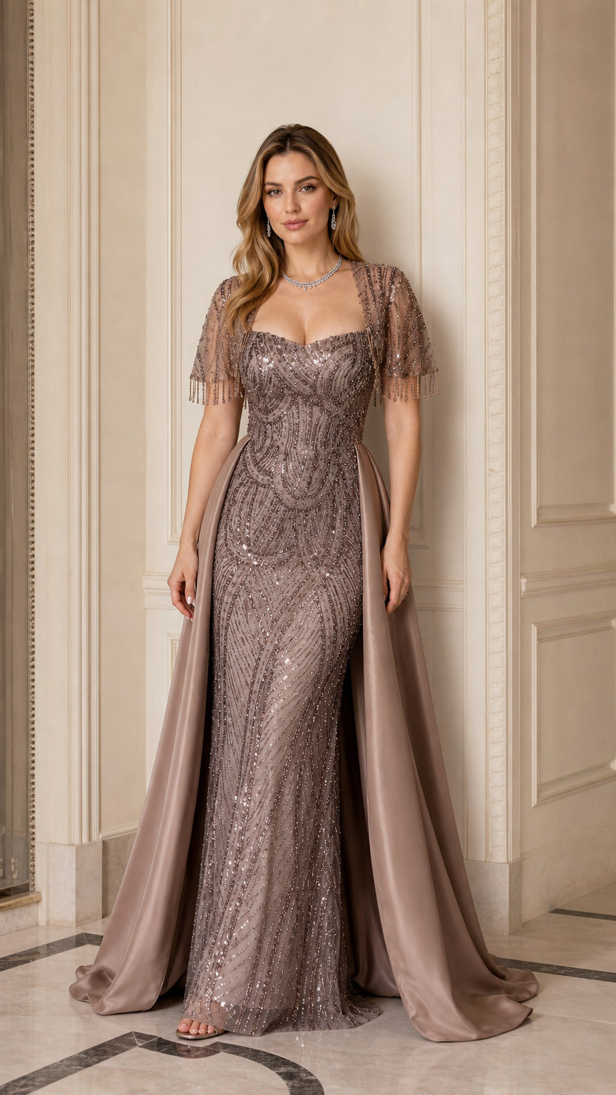 Taupe sequin evening gown with fringe sleeves and sweeping satin overskirt front view