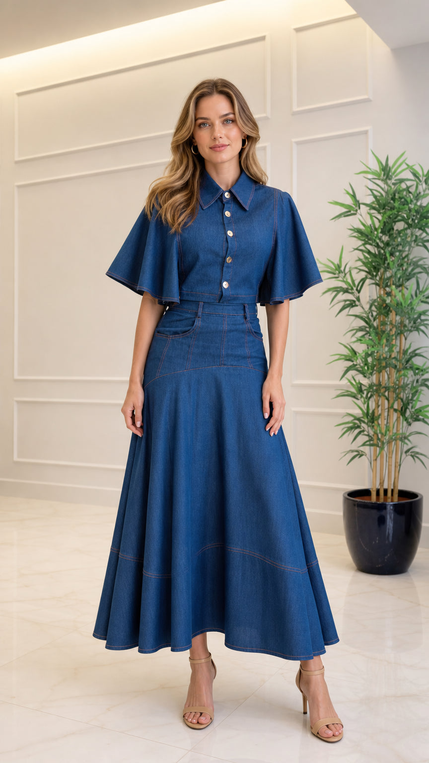 Front view of model wearing denim blue collared flutter sleeve A-line maxi dress