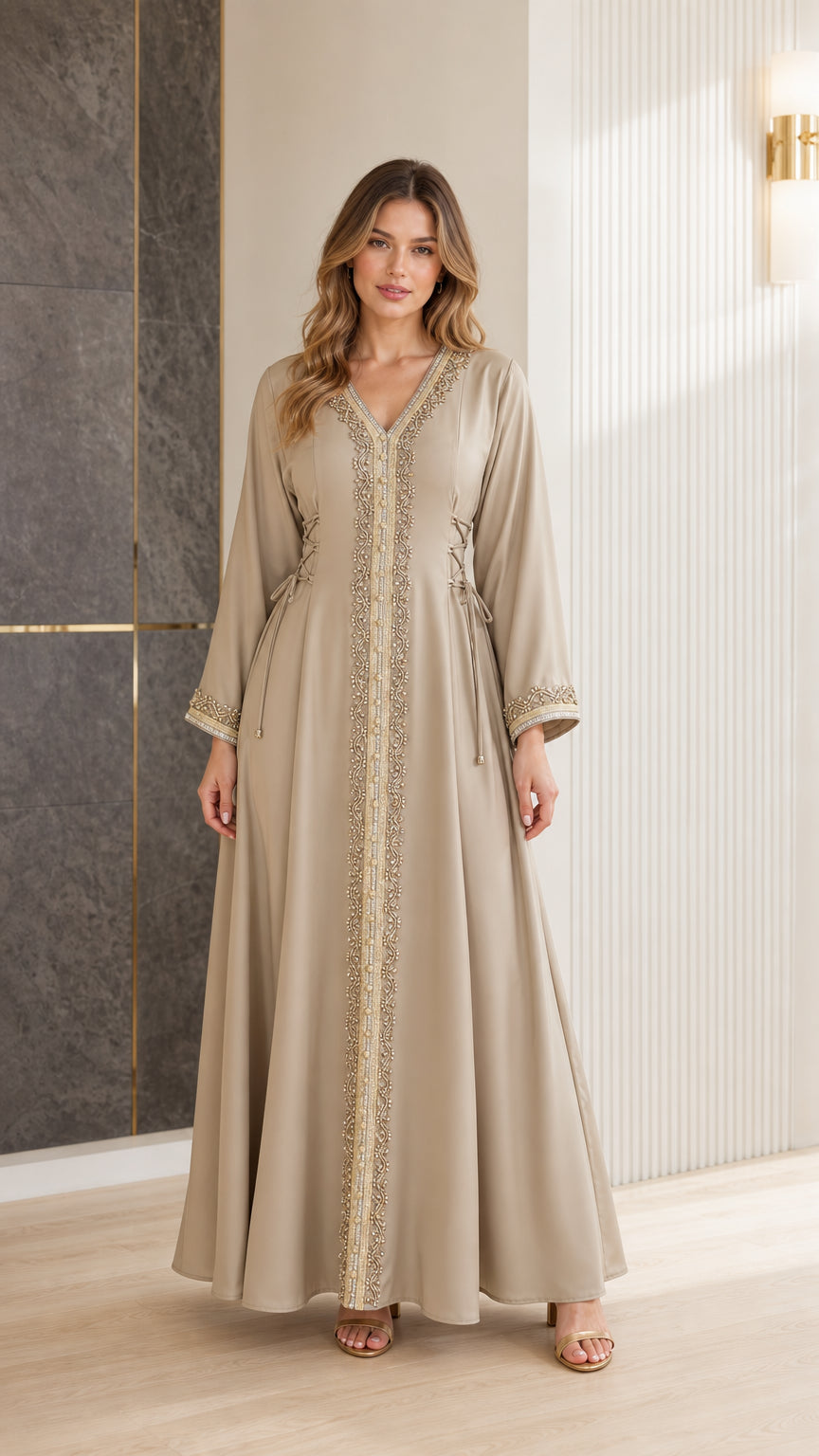 Beige gold embroidered kaftan maxi dress front view on model