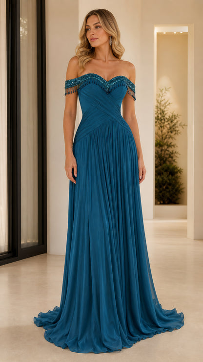 Full front view of teal blue off-the-shoulder pleated evening gown with beaded neckline