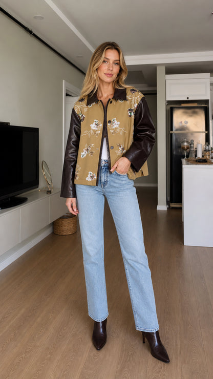 Full-body front view of model wearing camel floral embroidered jacket with dark brown faux leather sleeves and light blue jeans