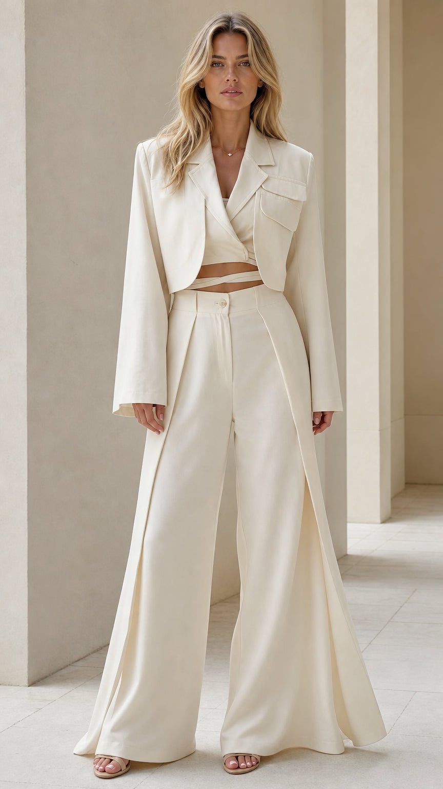 Front full view of woman wearing cream cropped blazer and wide-leg pleated suit set