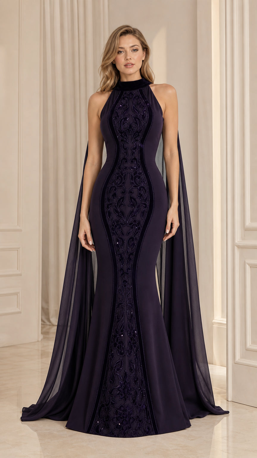 Front view of Deep Plum high neck mermaid evening gown with attached cape drapes and sequin embroidery
