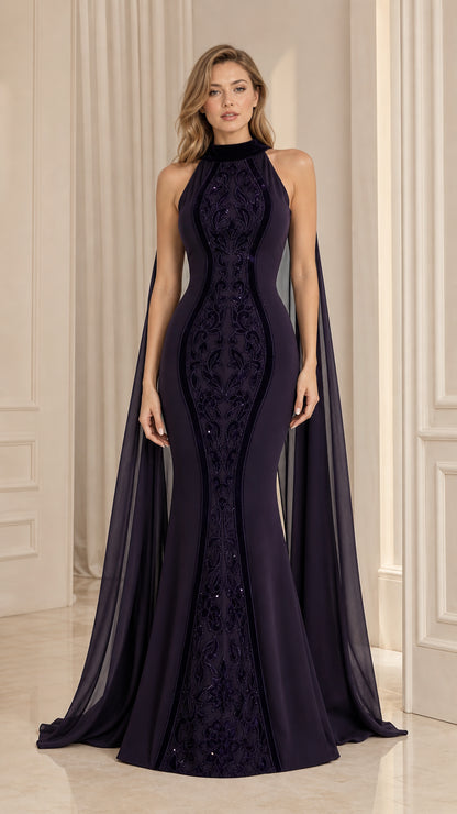 Front view of Deep Plum high neck mermaid evening gown with attached cape drapes and sequin embroidery