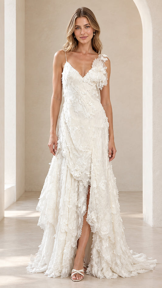 Full front view of model wearing the ivory 3D floral tiered lace maxi dress with side slit