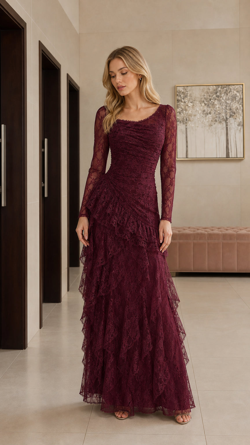 Burgundy long sleeve tiered lace evening maxi dress front view