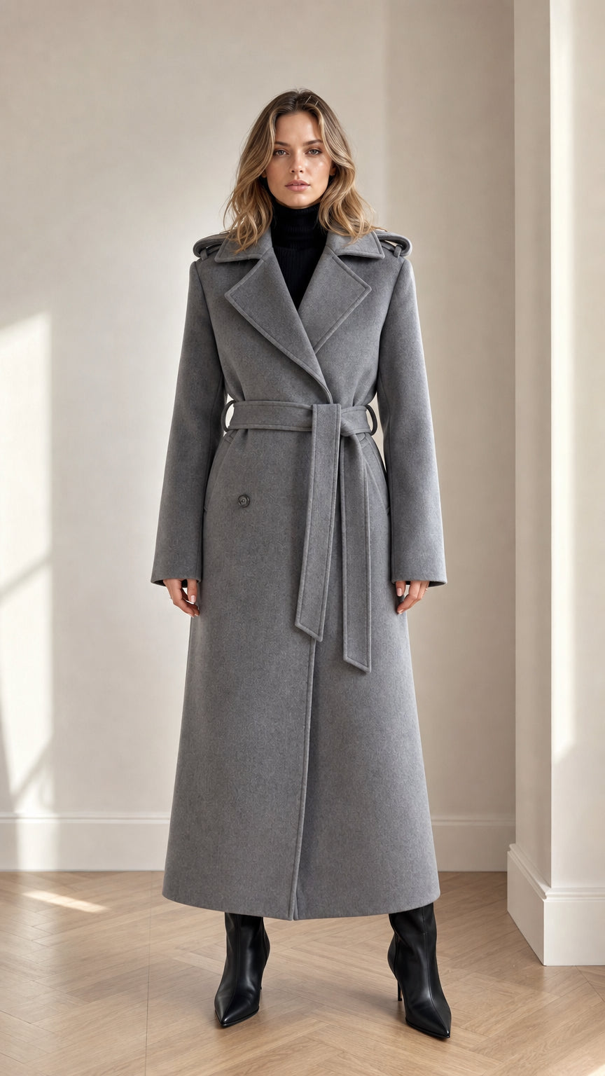 Front full-length view of woman wearing grey maxi belted trench coat