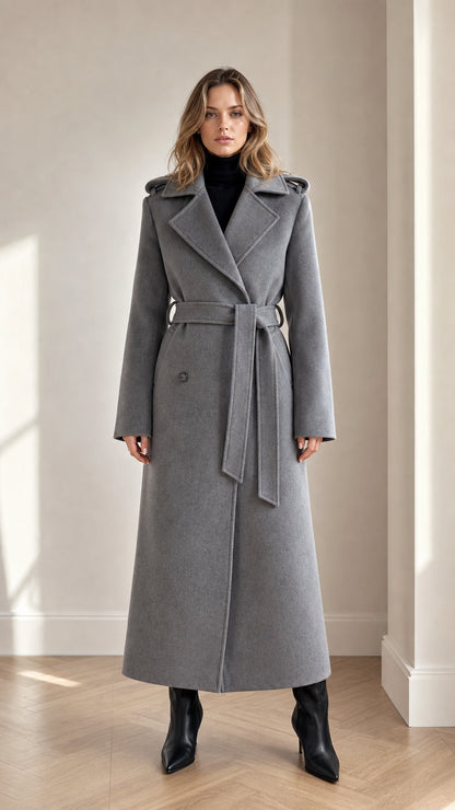 Front full-length view of woman wearing grey maxi belted trench coat