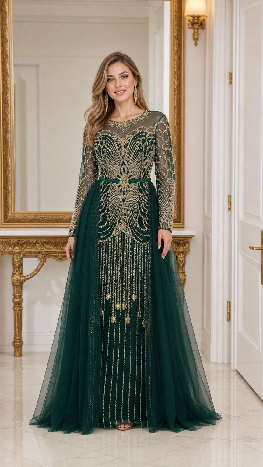 Front view of woman wearing emerald green long sleeve tulle evening gown with gold bead embellishment