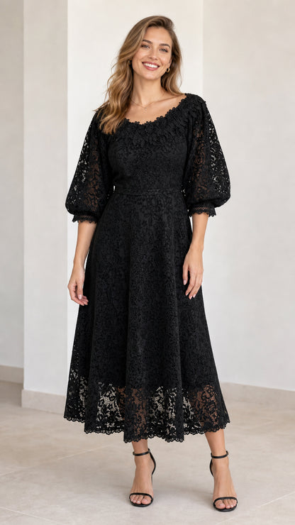Black floral lace puff sleeve midi dress on model front view