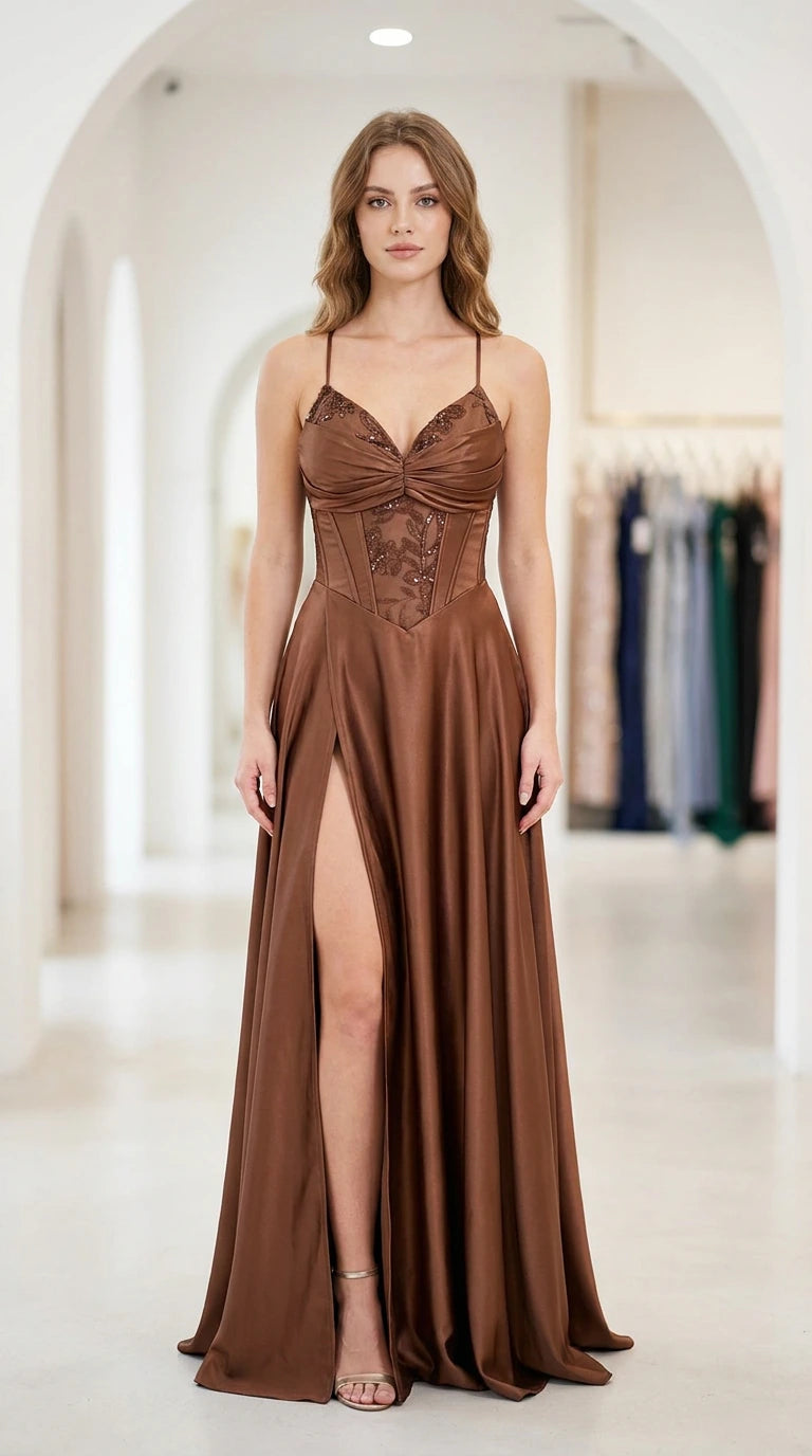 Front full-length view of chocolate brown satin corset formal maxi gown with leg slit