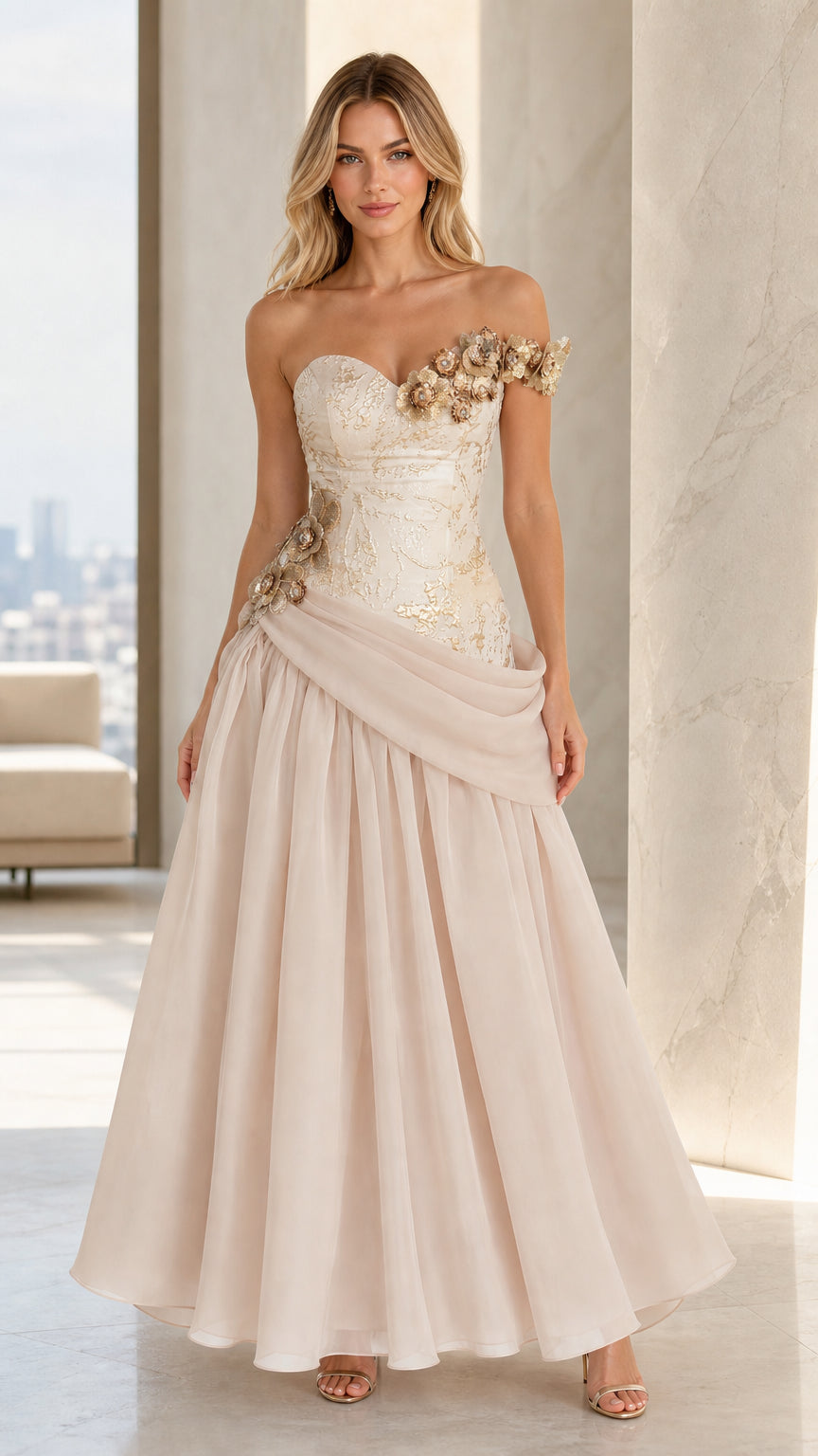 Front view of Champagne floral appliqué corset evening gown with pleated chiffon skirt