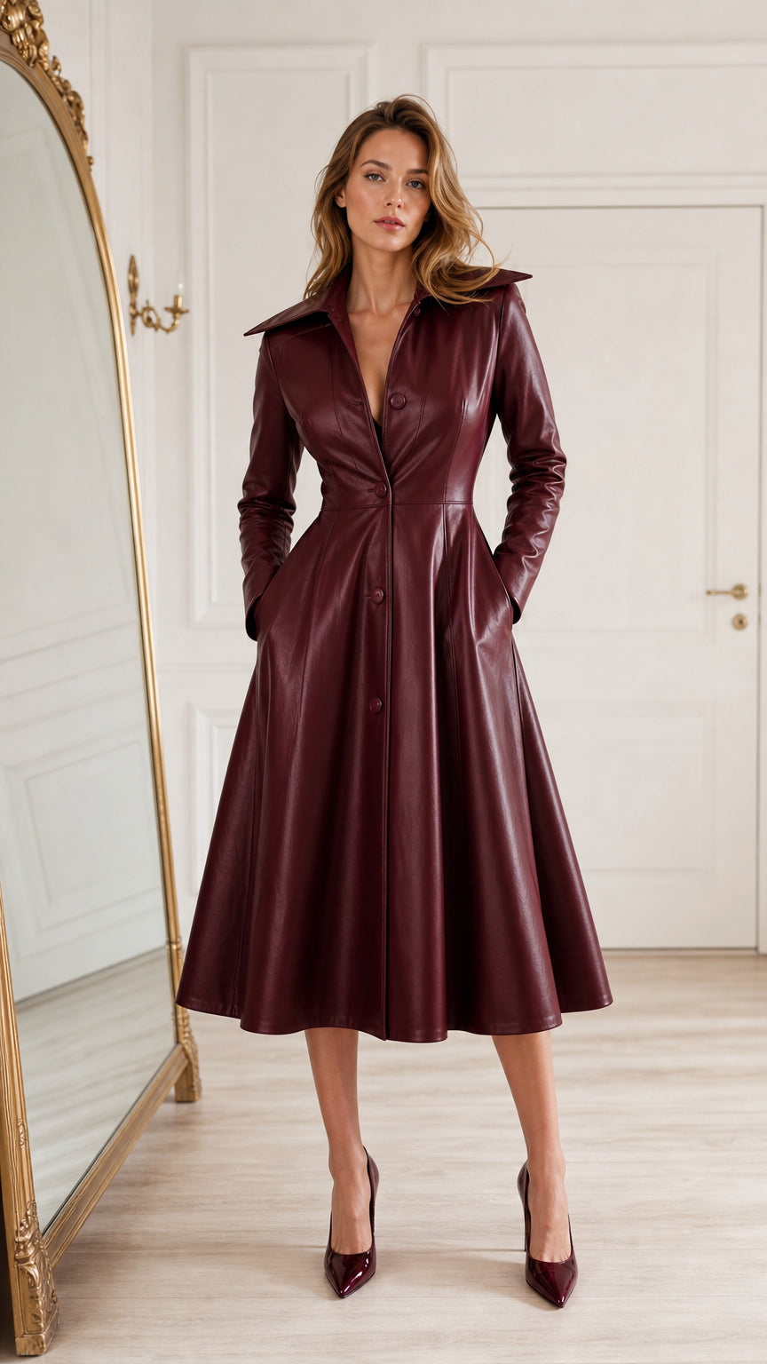 Front full-length view of woman wearing burgundy faux leather fit and flare midi coat dress