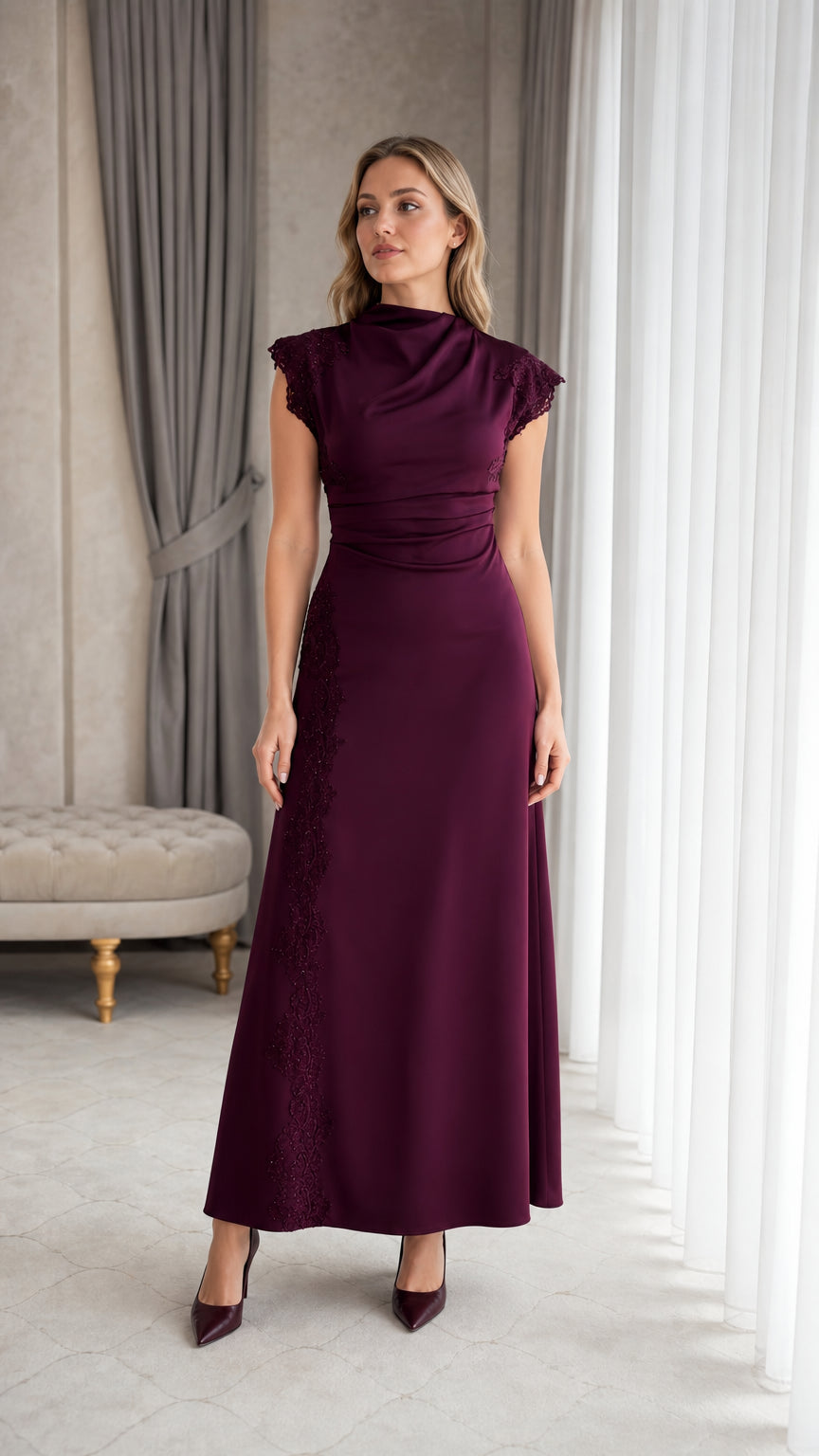 Front view of woman wearing plum mock neck maxi dress with lace detail
