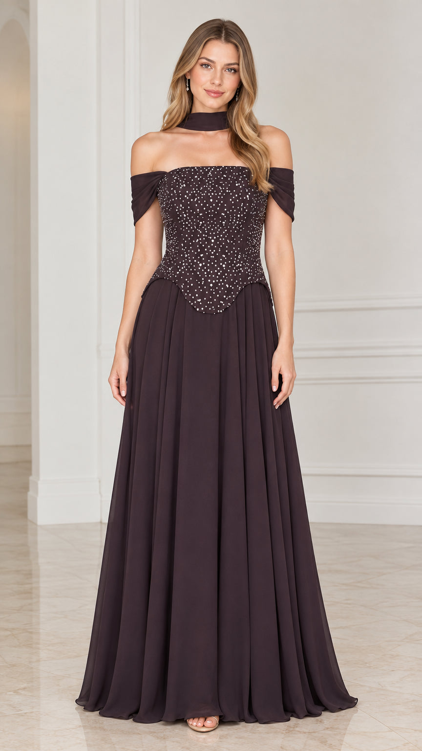 Plum off-the-shoulder formal gown with pearl-beaded bodice and chiffon maxi skirt - Front View