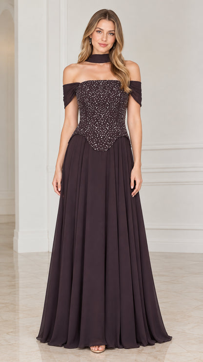 Plum off-the-shoulder formal gown with pearl-beaded bodice and chiffon maxi skirt - Front View