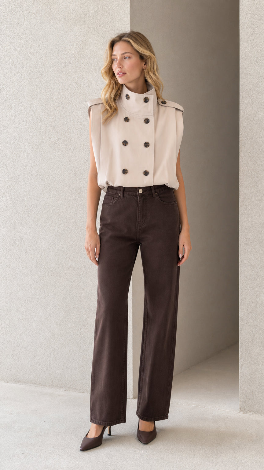 Front view of model wearing beige sleeveless high neck double-breasted trench top with dark trousers