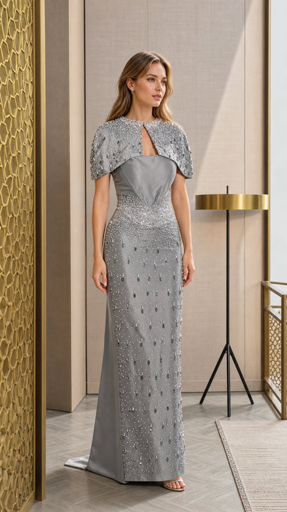Silver Gray floor-length evening gown with beaded capelet overlay and front embellishments