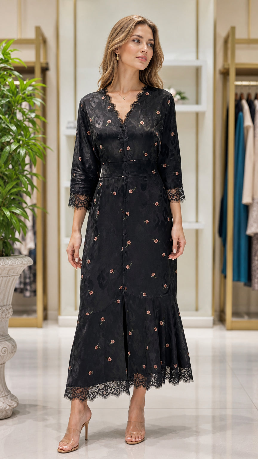 Front view of woman wearing black floral jacquard lace-trim midi dress