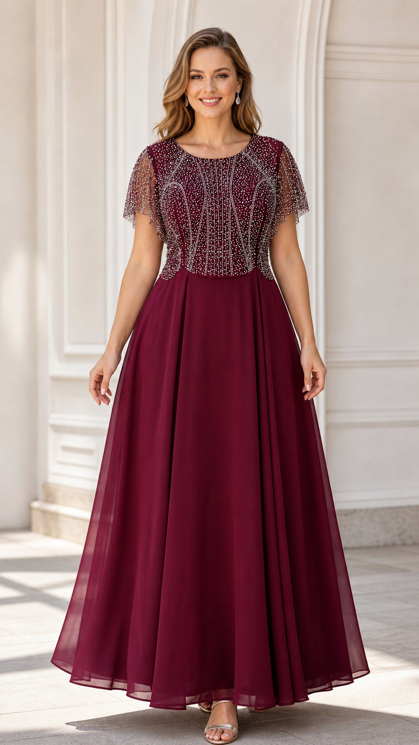 Front view of model wearing burgundy A-line chiffon evening gown with beaded bodice and flutter sleeves
