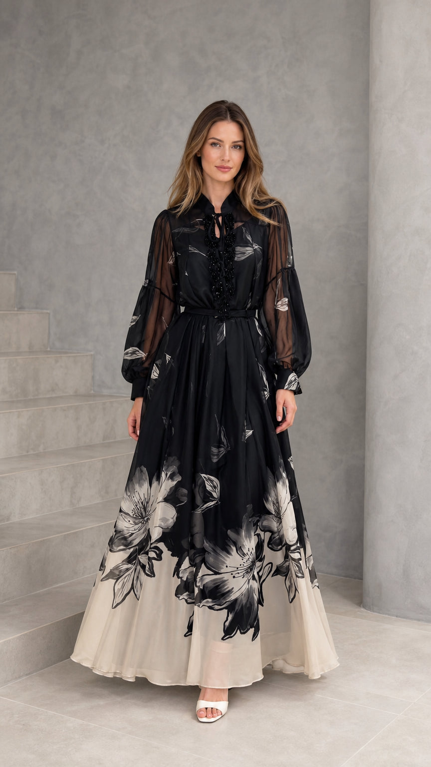 Front view of black and cream floral ombre chiffon long sleeve maxi dress