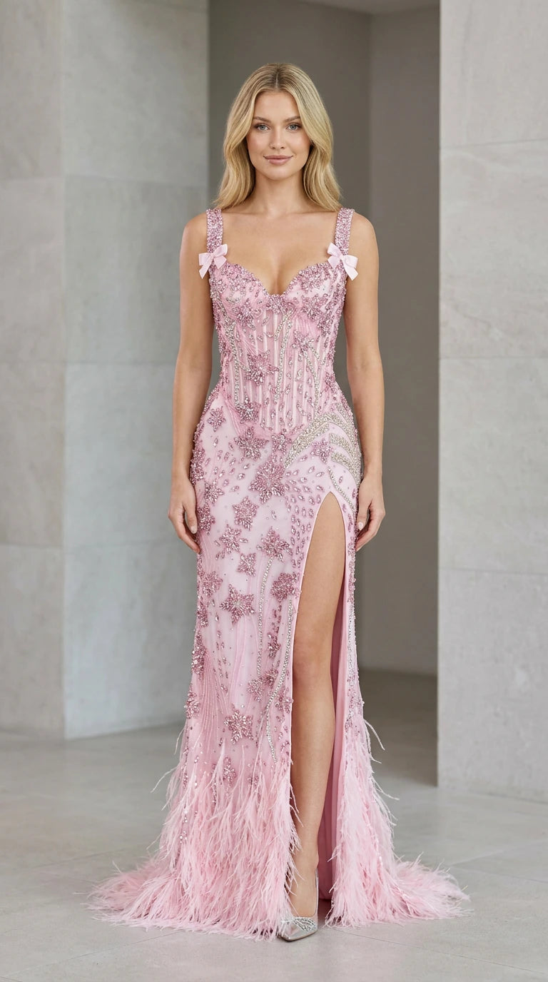 Front view of model in blush pink sequin corset gown with high slit and feather trim