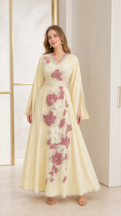 Butter Yellow floral embroidered V-neck kaftan maxi dress front view