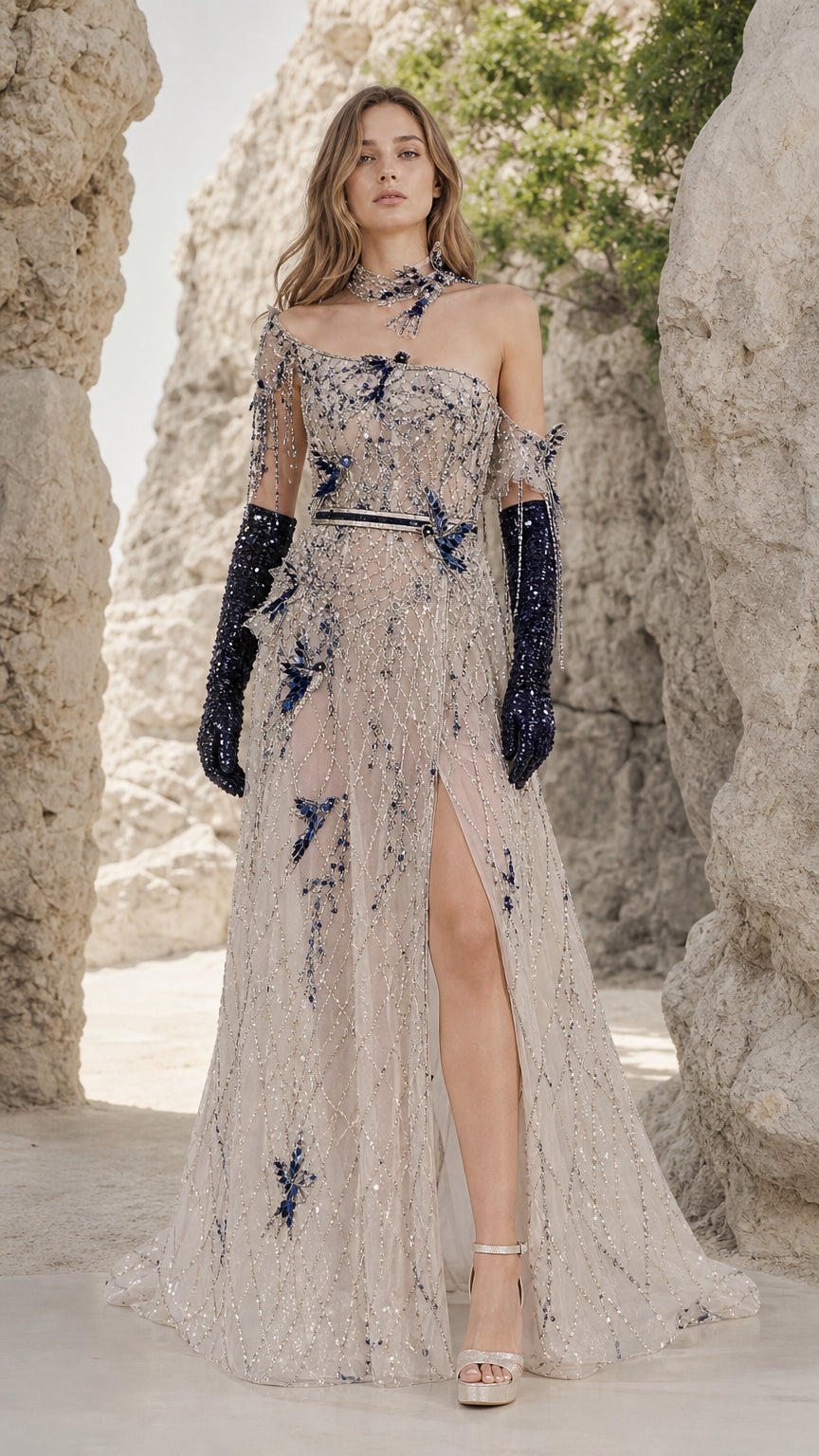 Full front view of Champagne asymmetrical beaded sequin evening gown with slit and choker detail