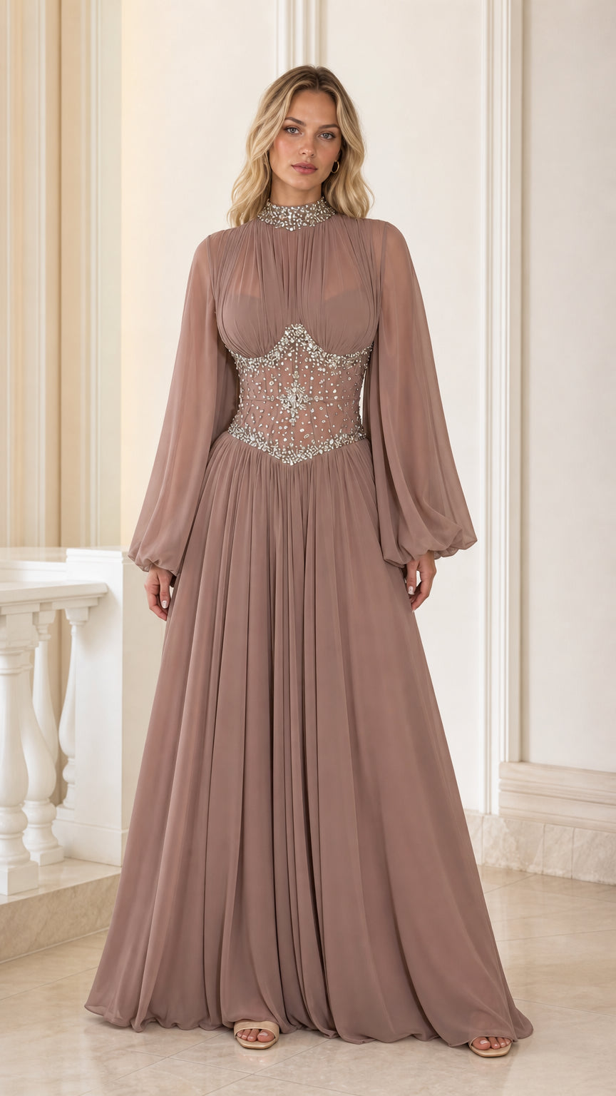 Front view of woman wearing Dusty Mauve embellished corset high-neck chiffon evening gown with long sleeves