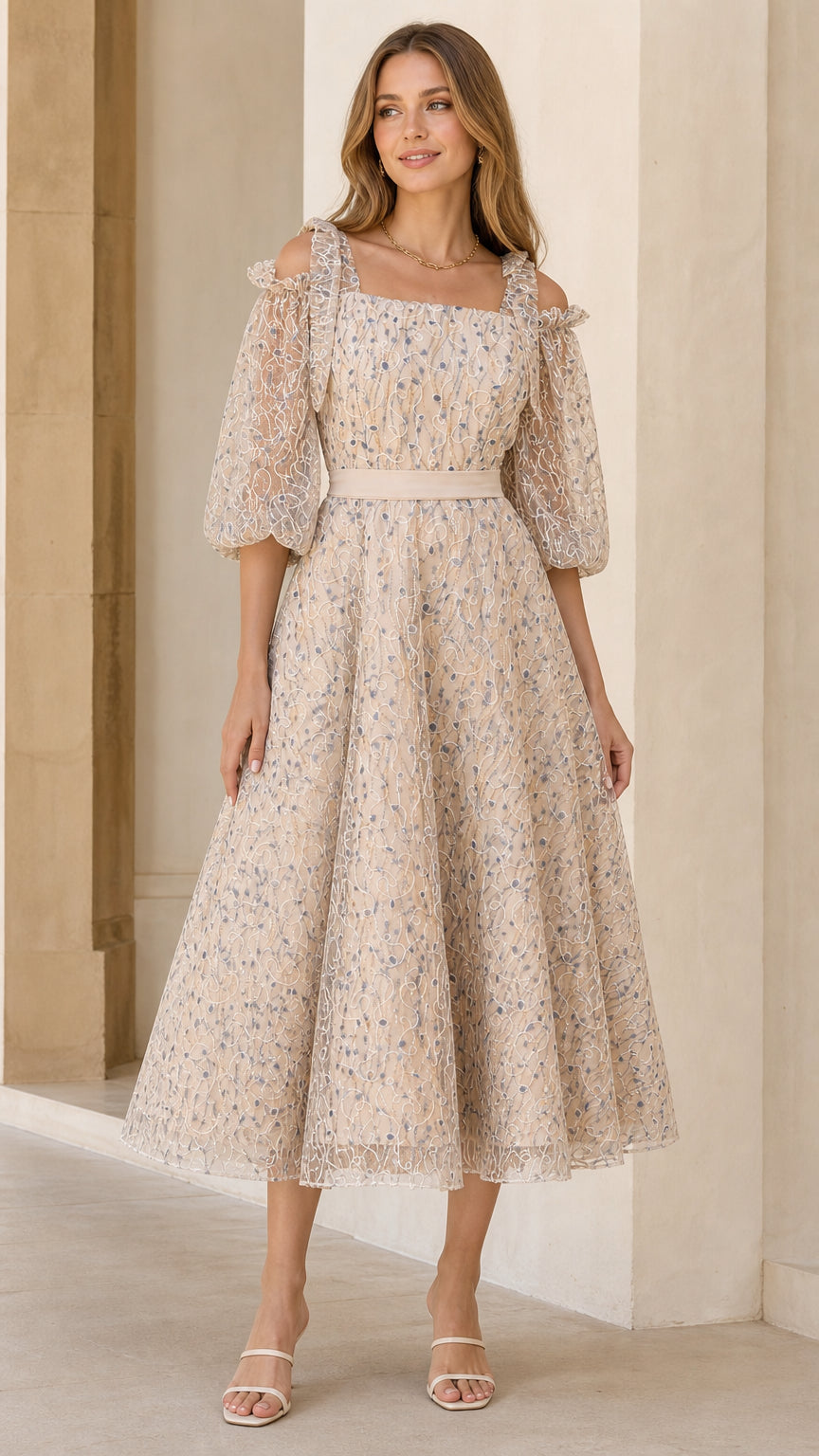 Champagne cold-shoulder embroidered lace midi dress front view