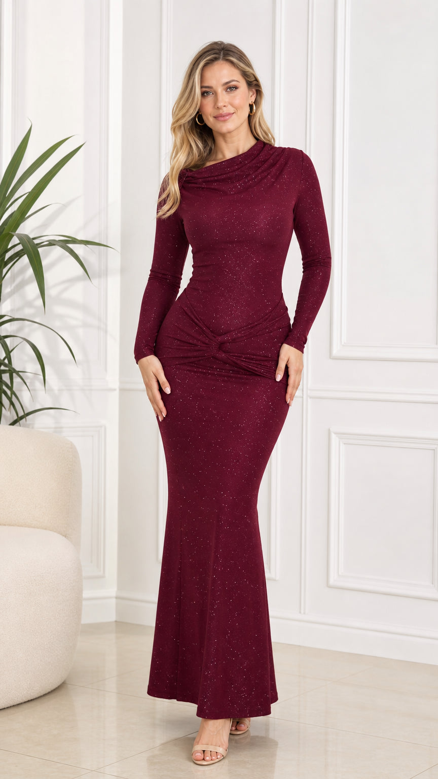 Front view of woman wearing burgundy glitter cowl neck long sleeve maxi dress