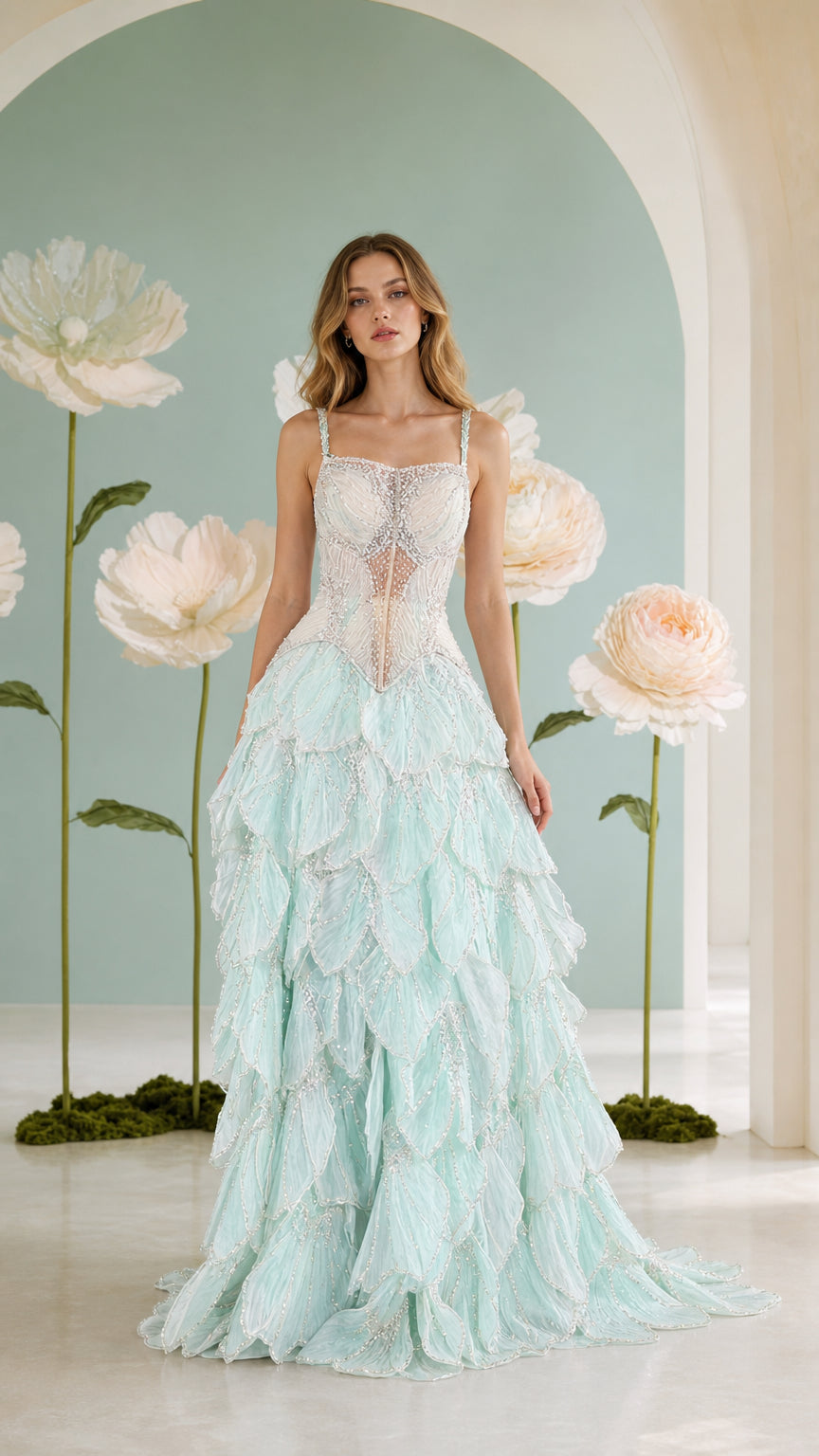 Mint green beaded corset evening gown with tiered ruffle skirt front view